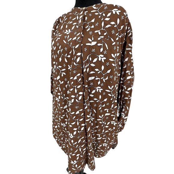 Lands End Tunic Top Shirt 2X Oversized Brown Floral Button Up Long Sleeve Cotton - Picture 3 of 7